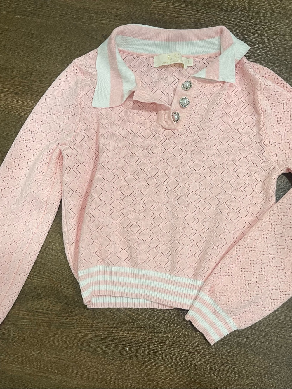 LC Colllection Light Pink Cable Knit Polo with White Stripes